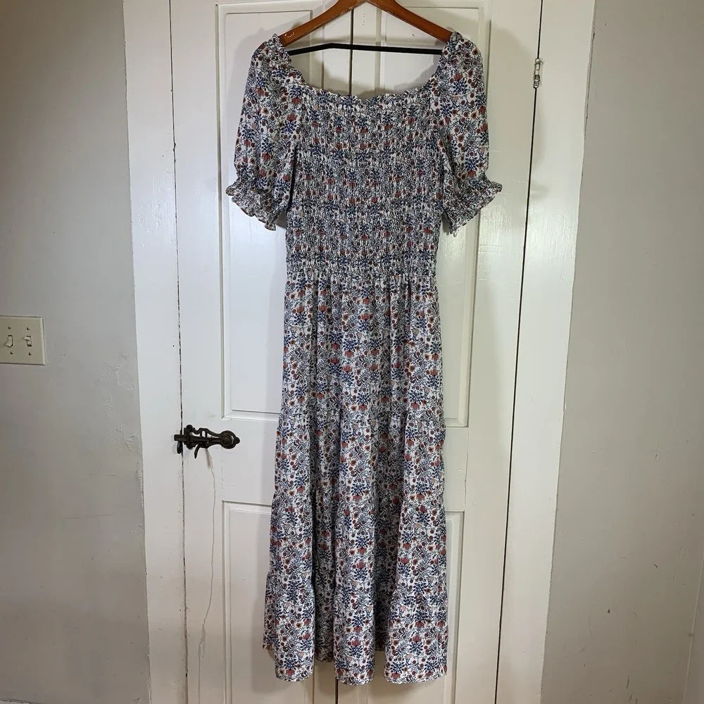 Max‎ Studio Prairie Dress Floral Puff Sleeve Square Neck Smocked A-Line Large